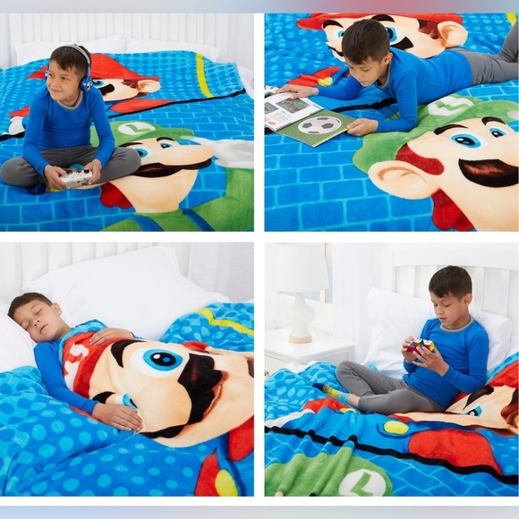 Super Mario Kids Plush Twin/Full Blanket, 62 x 90, Blue, Nintendo - Picture 3 of 8